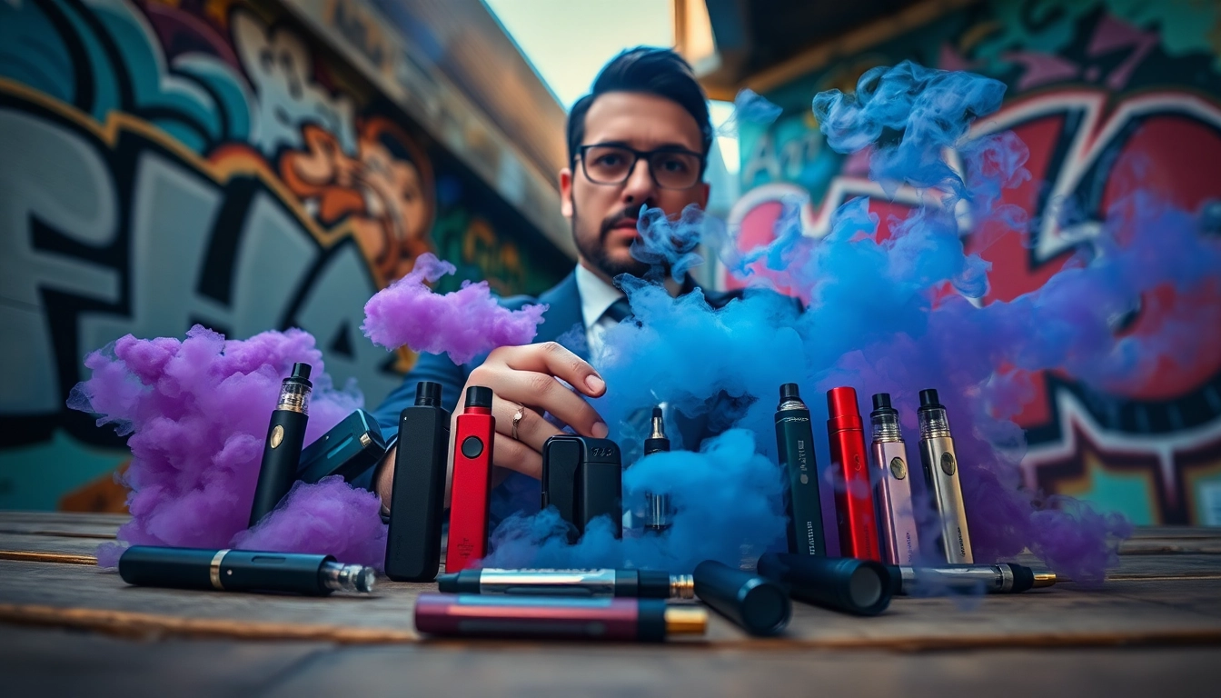 Showcasing vibrant vape devices with colorful vapor in an urban setting.