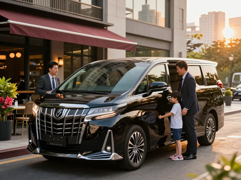 Trải nghiệm sự sang trọng với thuê xe Alphard tại Hồ Chí Minh, giới thiệu một gia đình đang xếp hành lý vào một chiếc Toyota Alphard phong cách.