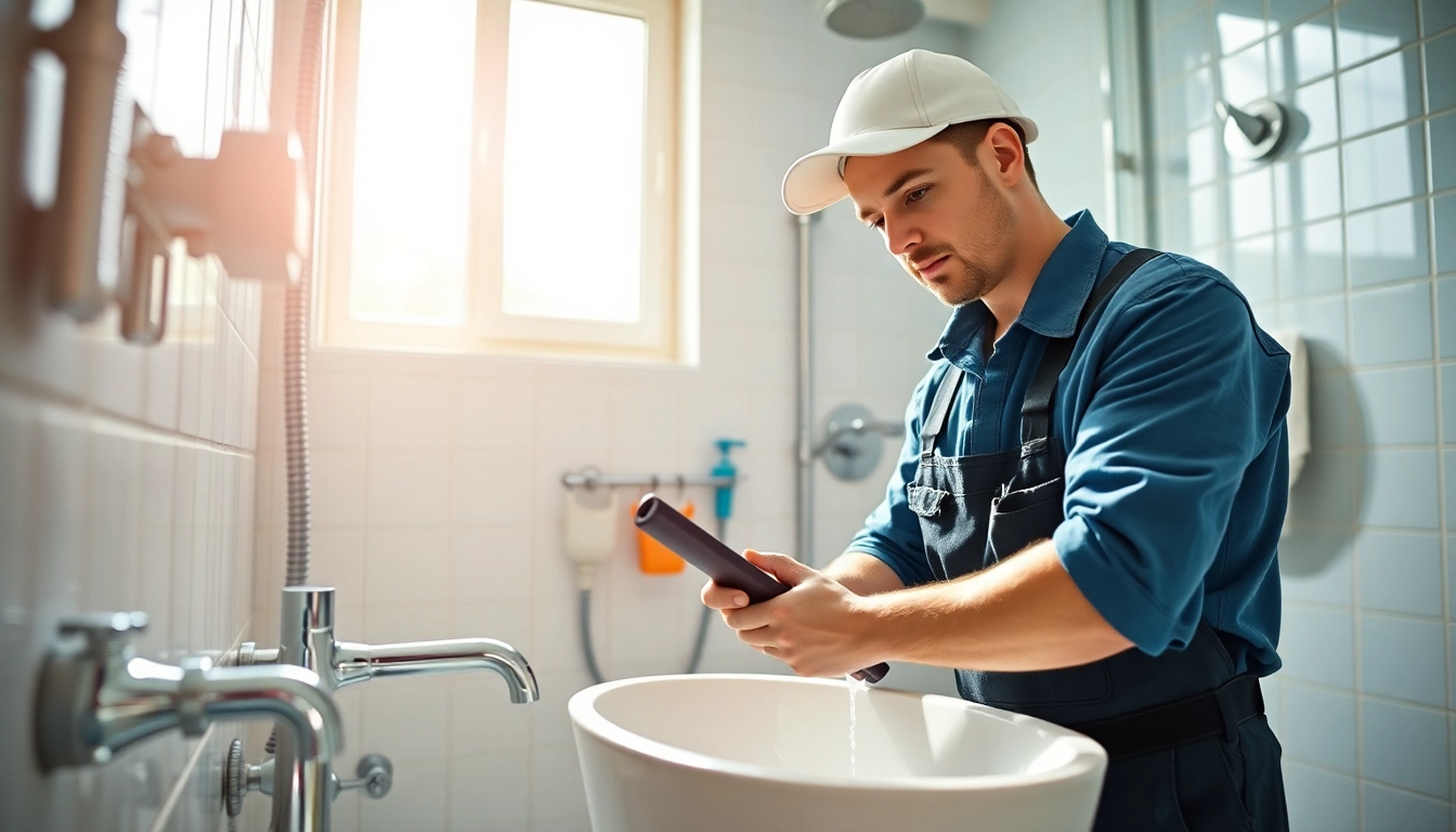 Plumber demonstrating expertise in north shore plumbing tasks within a clean bathroom environment.