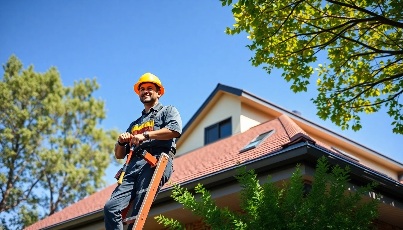 Roofer performing critical roof repair services while inspecting home roof for damages.