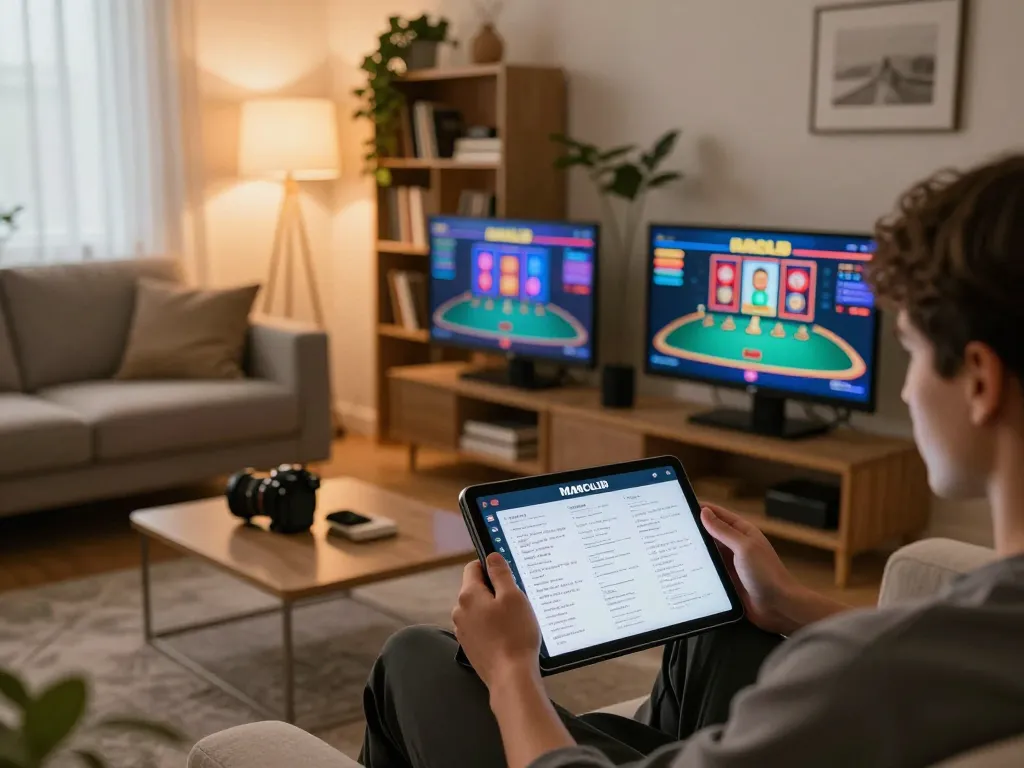 Manclub player strategizing gaming decisions during home poker night with tablet in hand