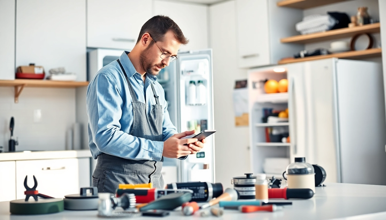 Appliance repair technician fixing a refrigerator in a well-lit kitchen.