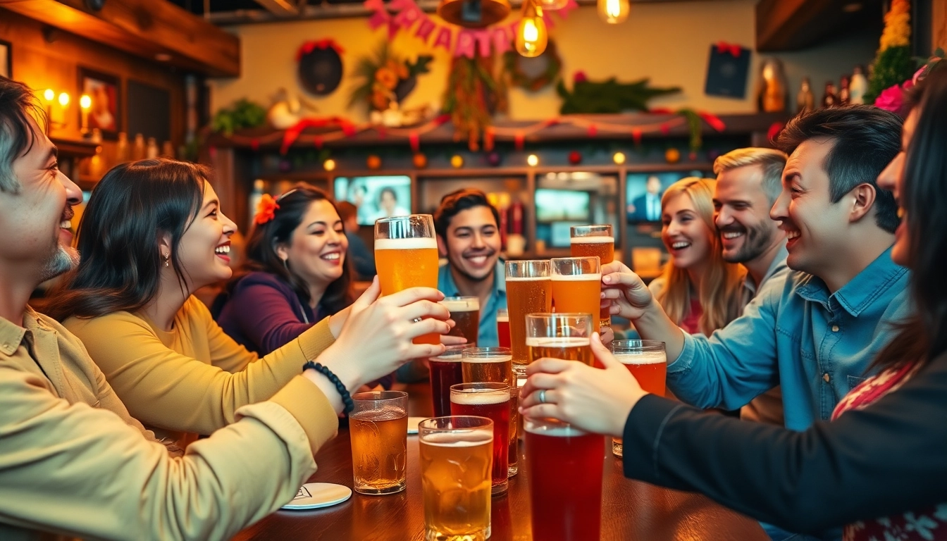 Friends enjoying a celebration while discussing why do we say on the lash in a lively pub setting.
