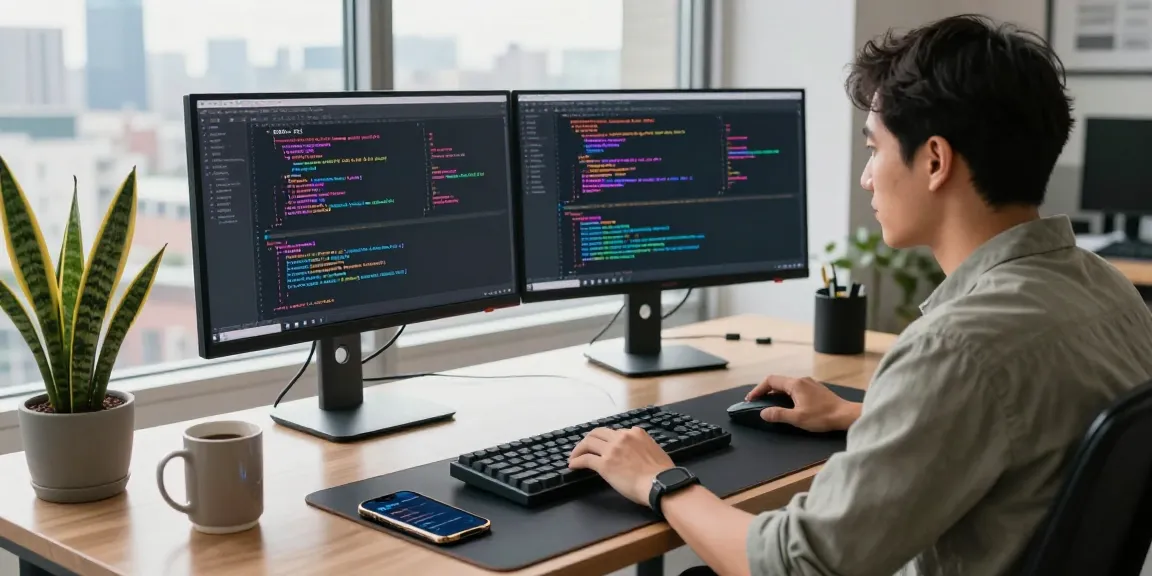 Developer using 纸飞机中文版 in a modern tech workspace, coding on dual monitors with vibrant programming text.