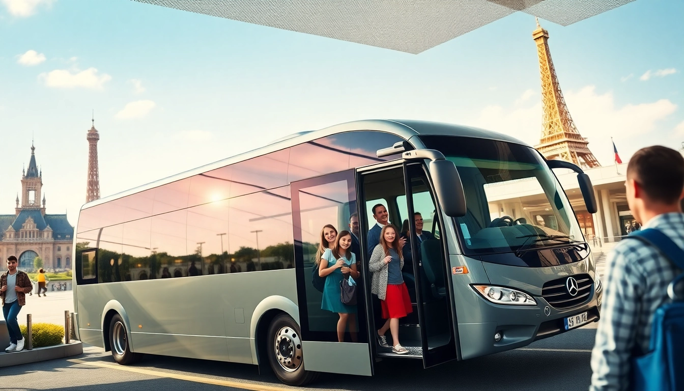 Book reliable Disneyland Paris airport transfer services with joyful travelers and a stylish shuttle bus.