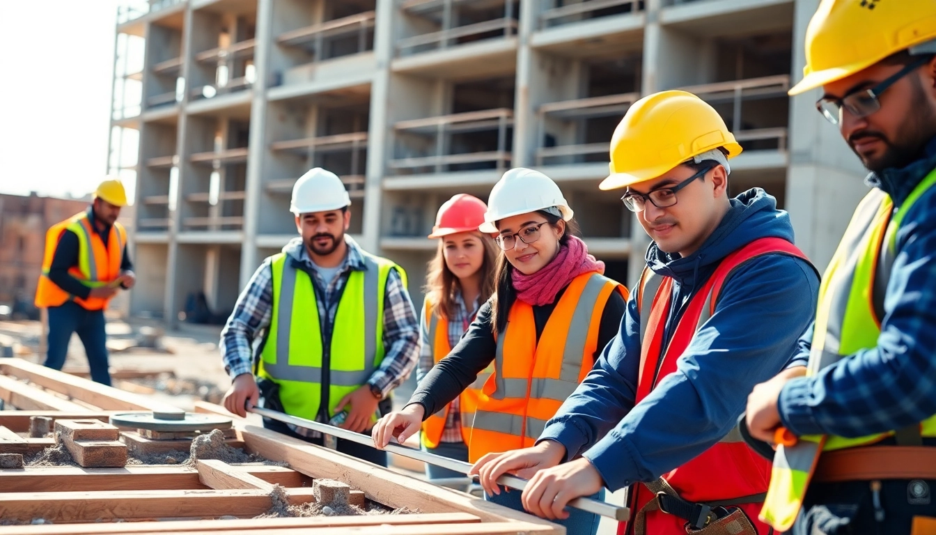 Construction apprenticeship program featuring diverse apprentices collaborating at a building site.