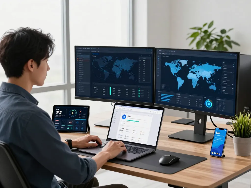 Network optimization specialist analyzing performance metrics with 快连 application in a modern workspace.