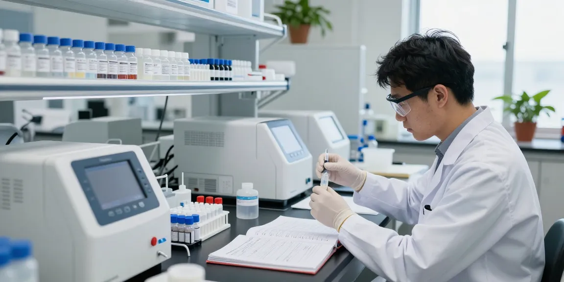 Scientist carefully synthesizing American-made research peptides in a modern lab environment with advanced equipment.