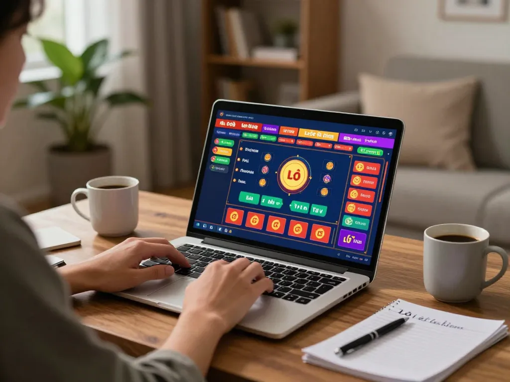 Lô đề online player engaged on laptop in cozy home gaming setup, showcasing strategic betting.