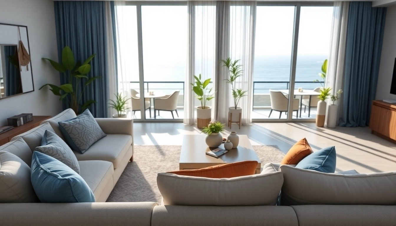 Modern apartment for rent in Alanya Turkey, showcasing a spacious living area with sea views.