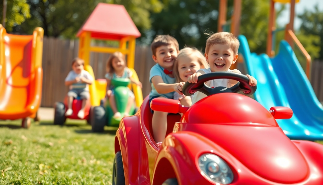 Children enjoying playful moments on colorful ride on toys in a vibrant playground.