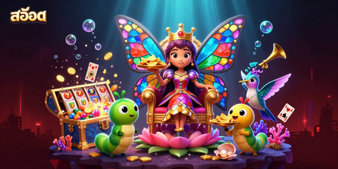 Engage with สล็อต adventure featuring a colorful butterfly queen and lively slot game elements.