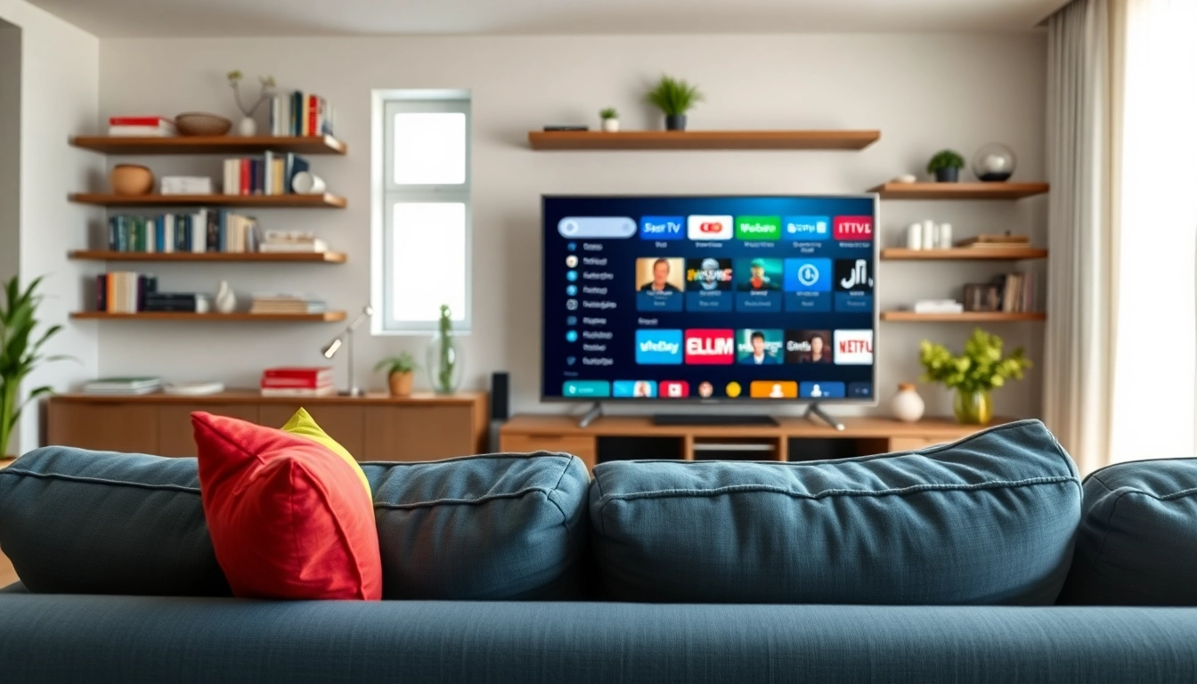 Showcasing an IPTV m3u setup in a modern living room with a smart TV displaying channels.