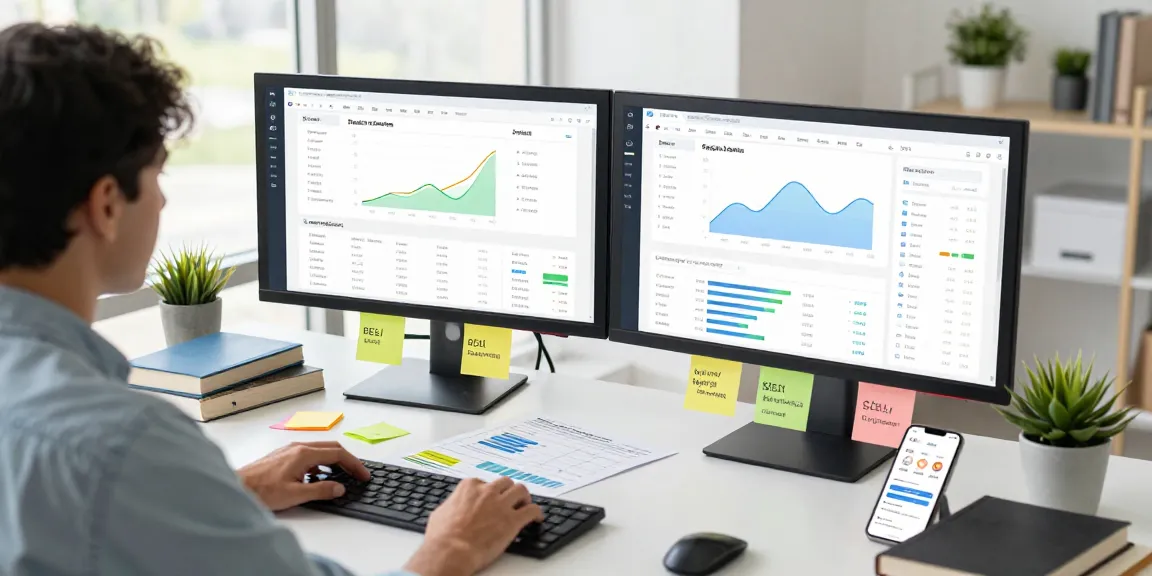 SEO specialist analyzing performance metrics on scenadomen.pl in a modern workspace.