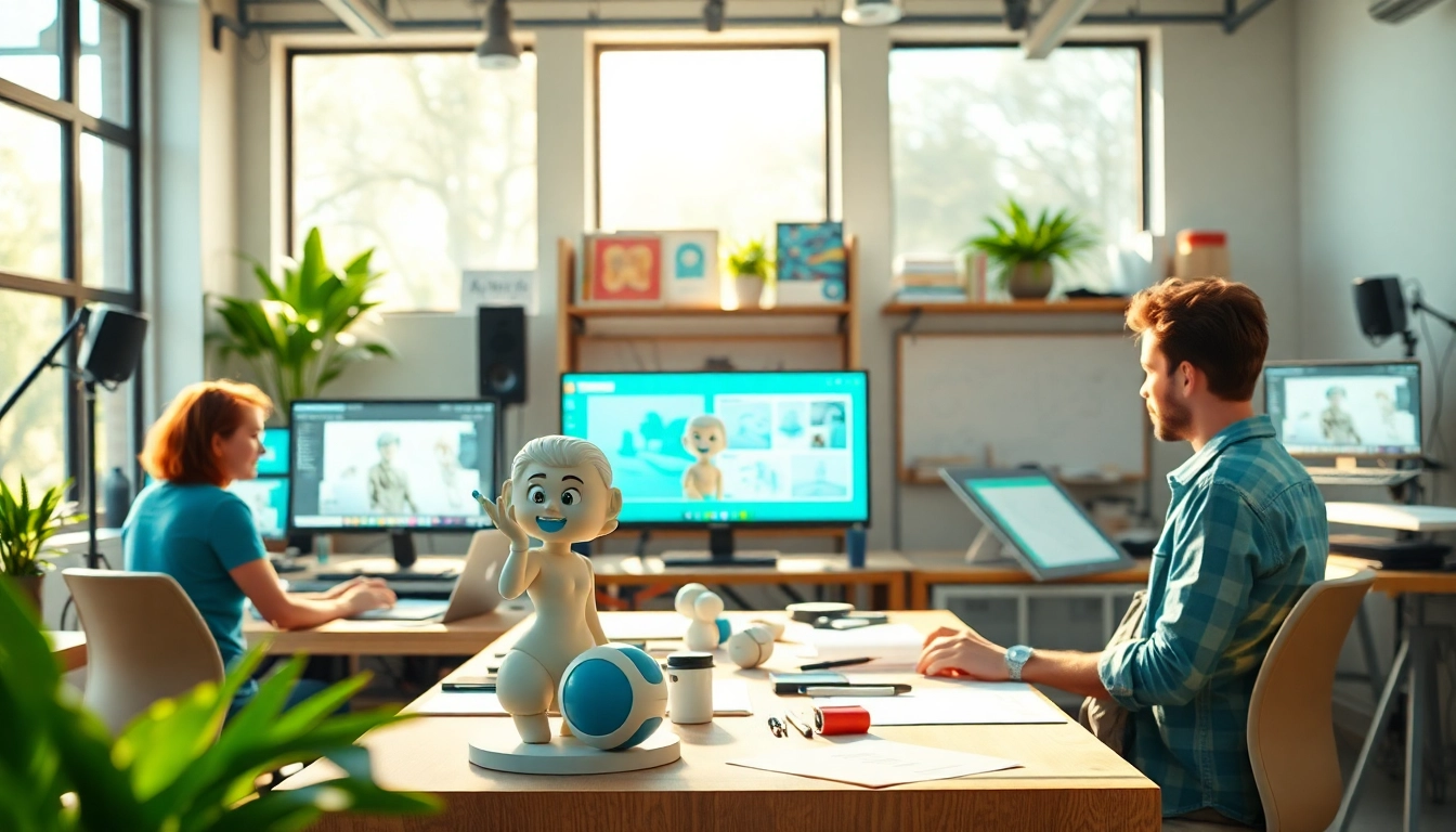 Animationsstudio in einem kreativen Arbeitsraum mit Künstlern, die digitale Tools verwenden.