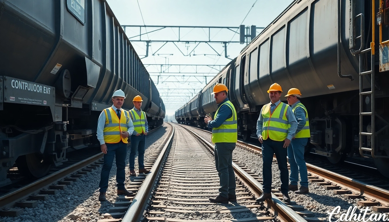Team performing derailment repairs on a railway track with industrial equipment.
