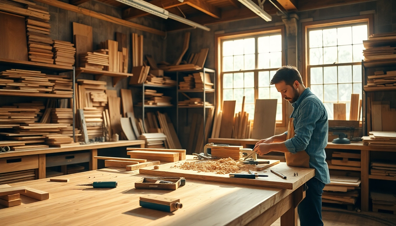 Craftsman demonstrating custom millwork skills in a warm, inviting workshop.