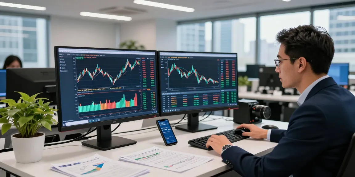 Trader analyzing live forex charts in a bustling financial office showcasing dual monitors and market data.