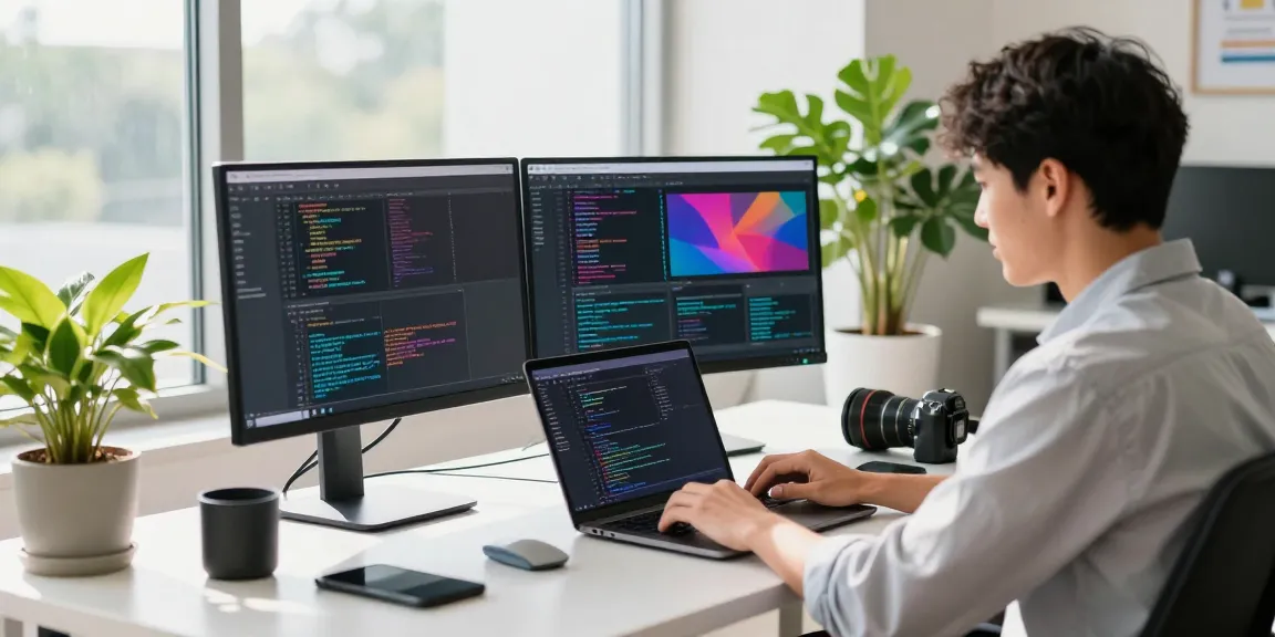 Person coding on laptop, 纸飞机下载 software development environment with dual monitors and high-tech gadgets.