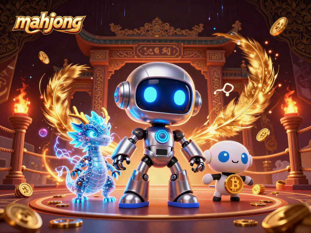 Engage with mahjong action in a vibrant casino scene featuring neon robots and holographic effects.