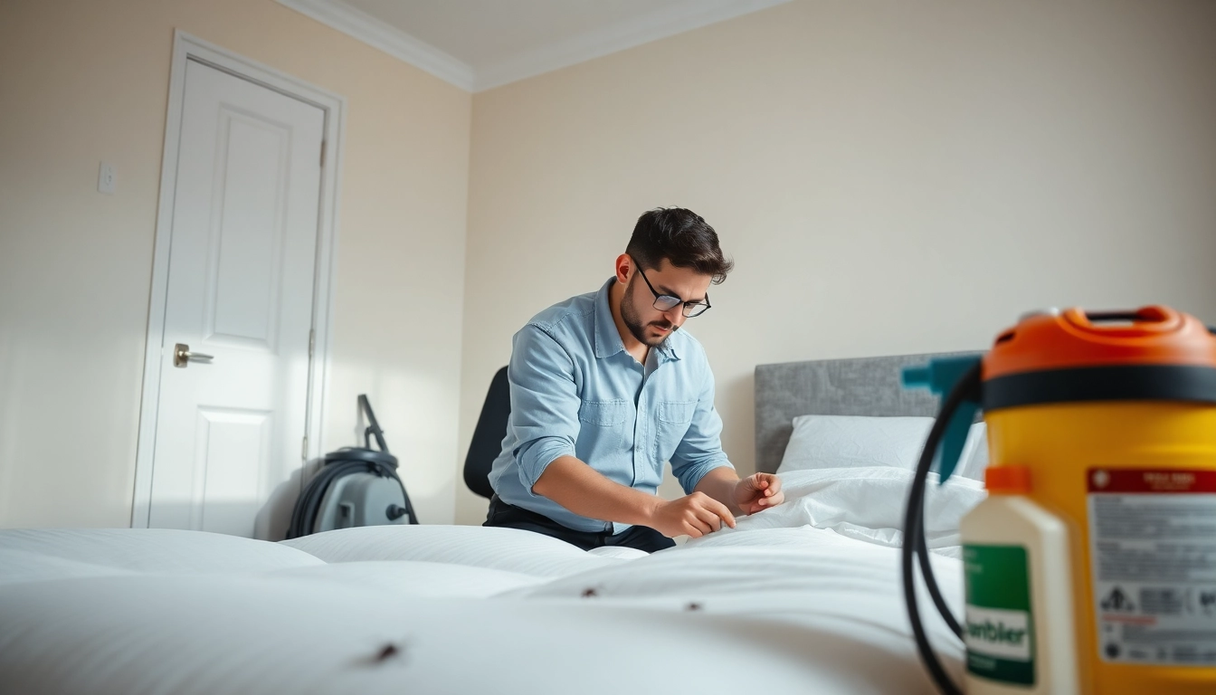 Professionals conducting bed bug removal inspection in a clean bedroom.