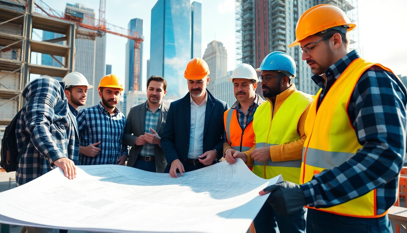 New York City Commercial General Contractor team collaborates on a high-rise building site with blueprints and tools.