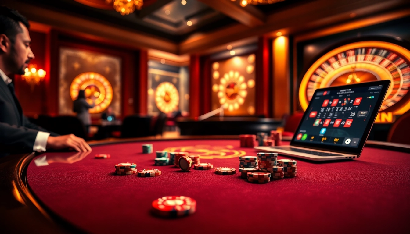 Exciting poker game at vin777 com, showcasing vibrant chips and a spinning roulette wheel.