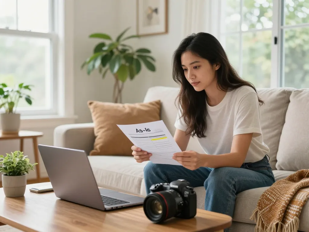Homeowner reviewing documents to sell house without repairs in a cozy living room.