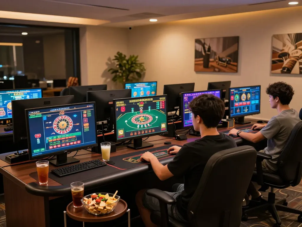 Engaged gambler at home strategically placing bets on giường bệnh nhân online gaming setup with multiple screens.