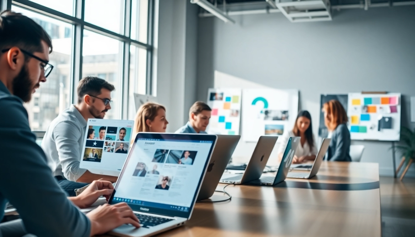 Creative teamwork of a web design company developing innovative website concepts in a modern office.