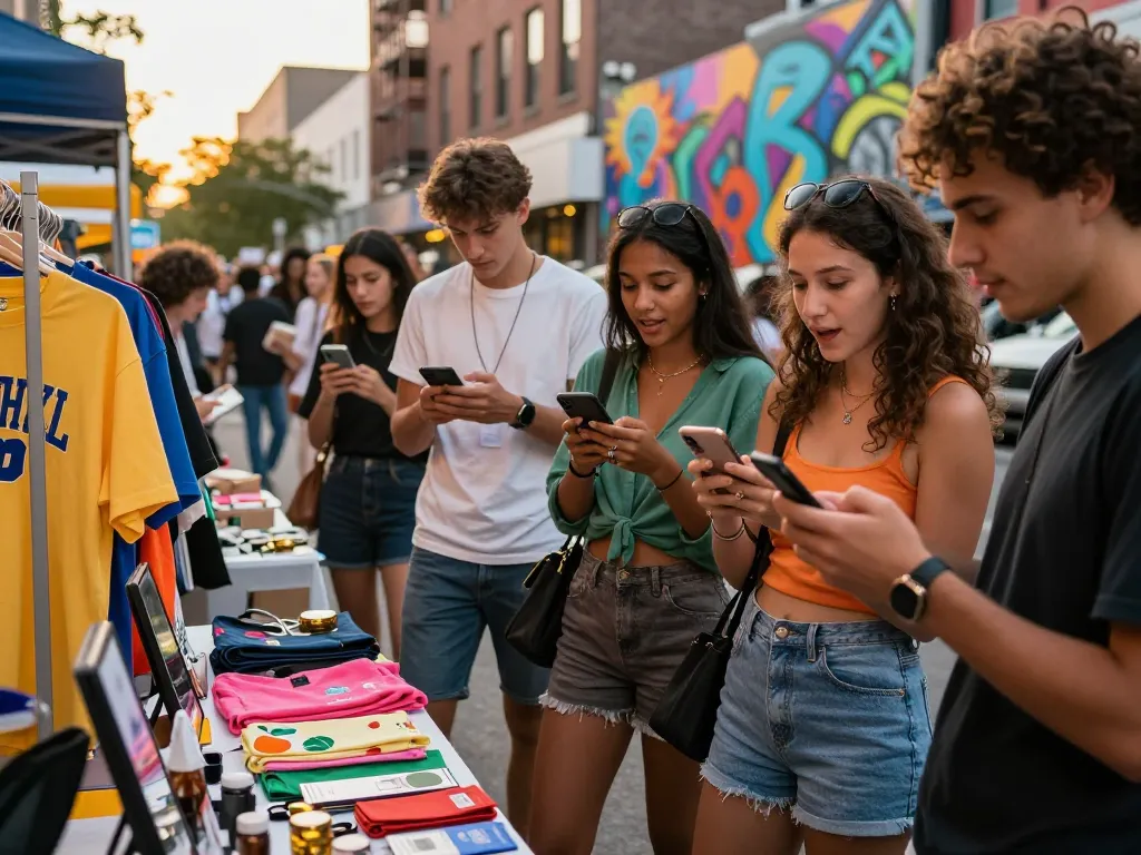 Social Shopping Is Exploding as diverse shoppers engage with products in an urban e-commerce environment.