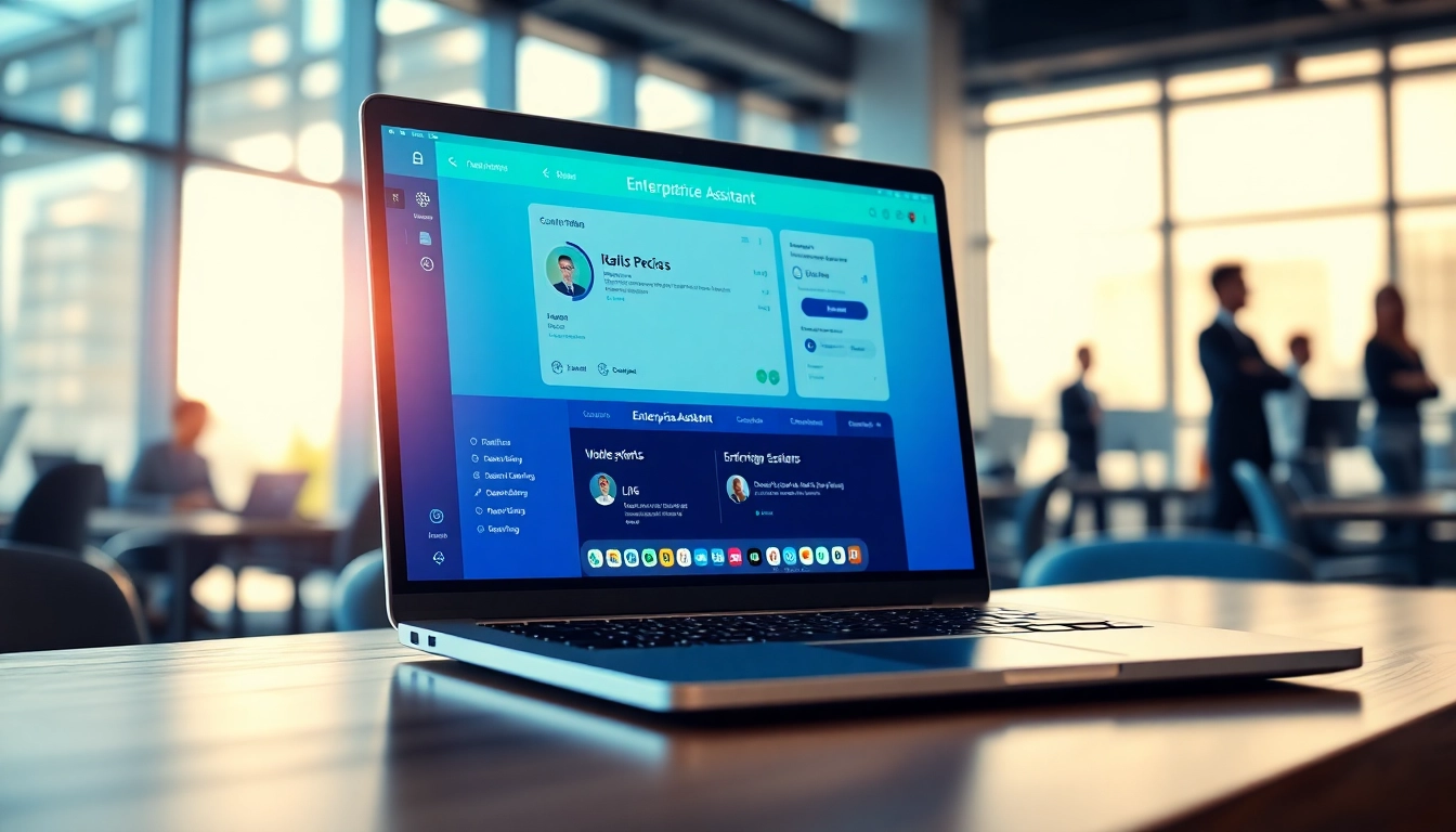 Engaging enterprise assistant displayed on a laptop in a modern office setup.