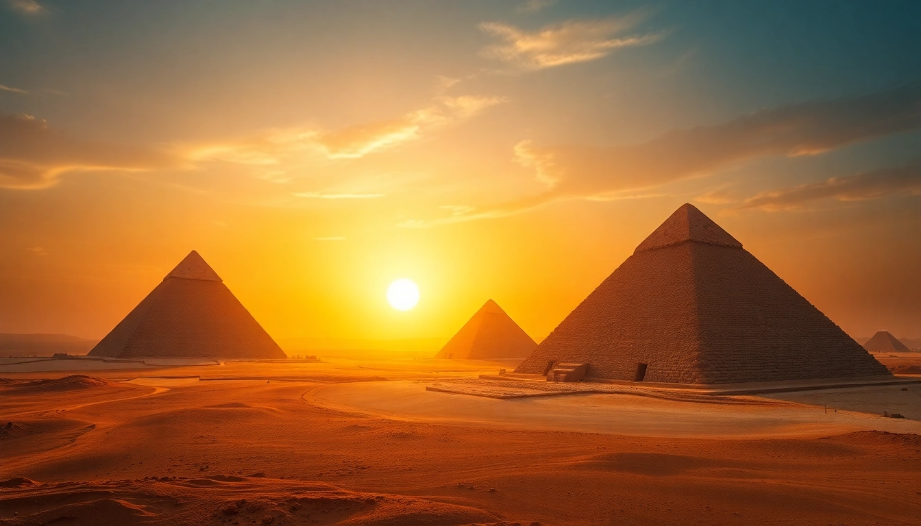 Explore the grandeur of the Giza pyramids, showcasing their massive structures against a stunning sunset.