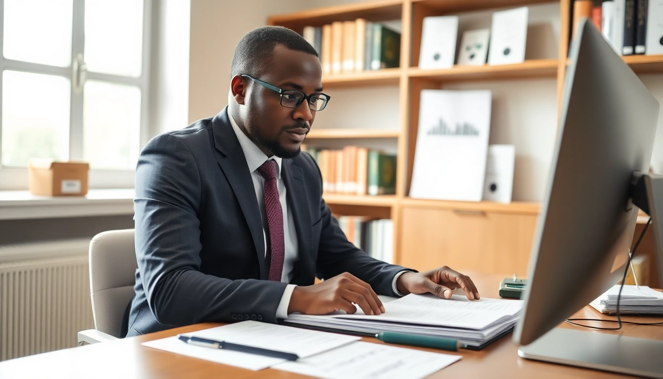 A tax consultant in Kenya reviewing documents in a professional office setting.