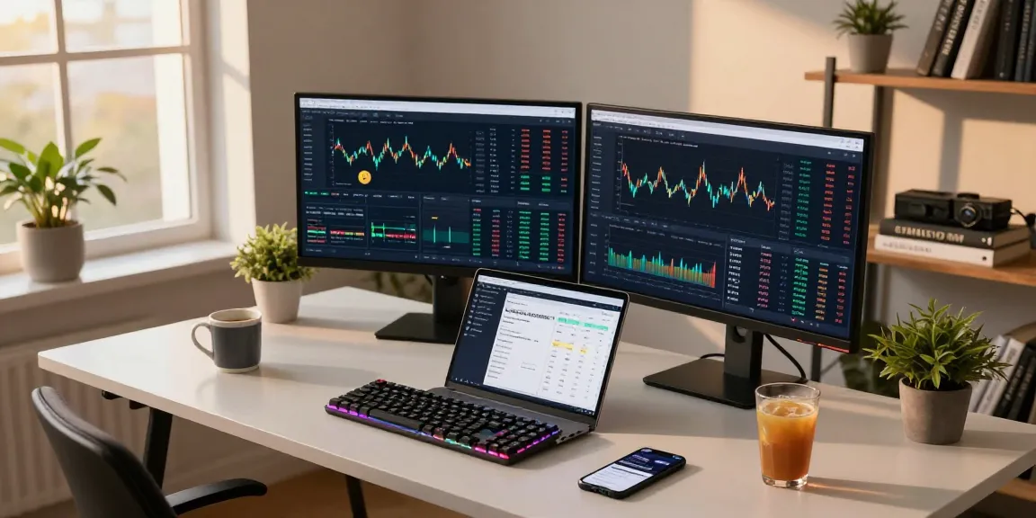 Workspace displaying cloud mining with daily payouts on screens alongside cryptocurrency trading visuals and DeFi tools.
