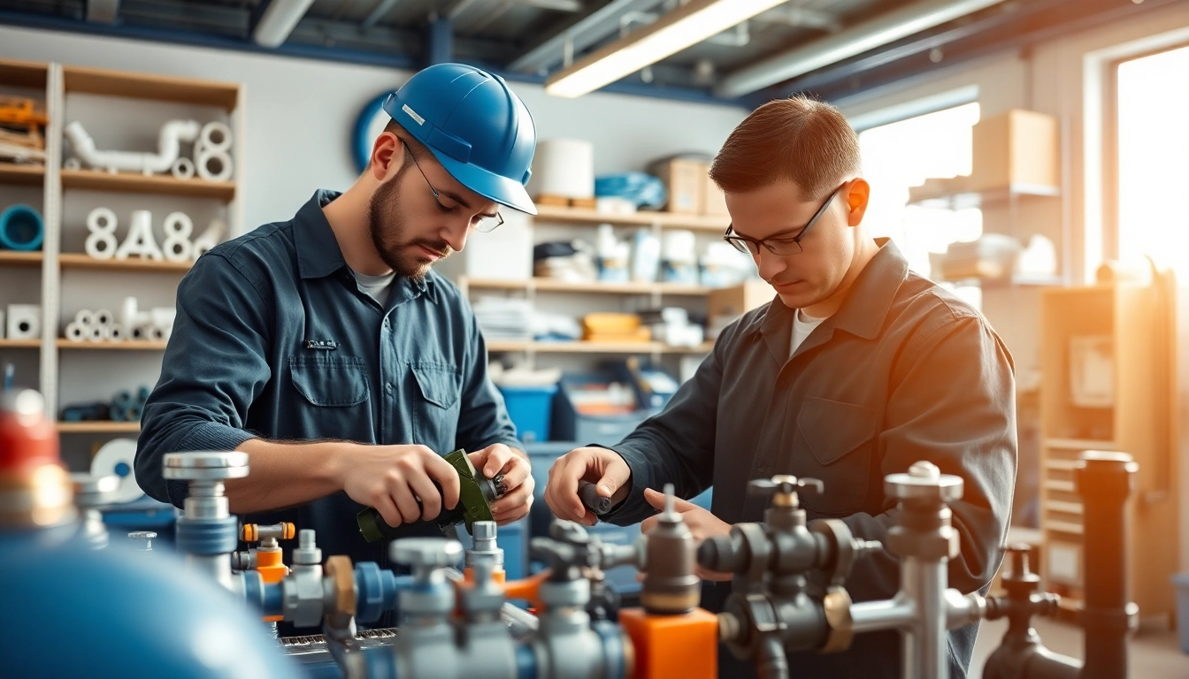Technicians from sonni sanitär GmbH perform plumbing tasks in a modern workshop