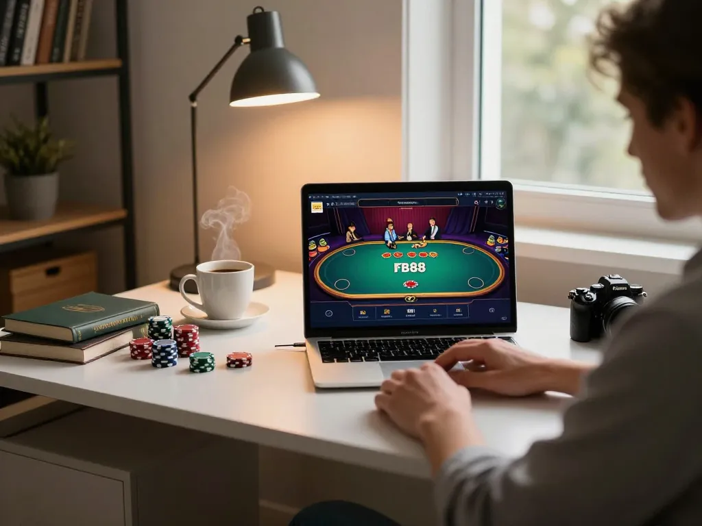 fb88 đăng nhập in a warm, cozy home office with an online gaming setup