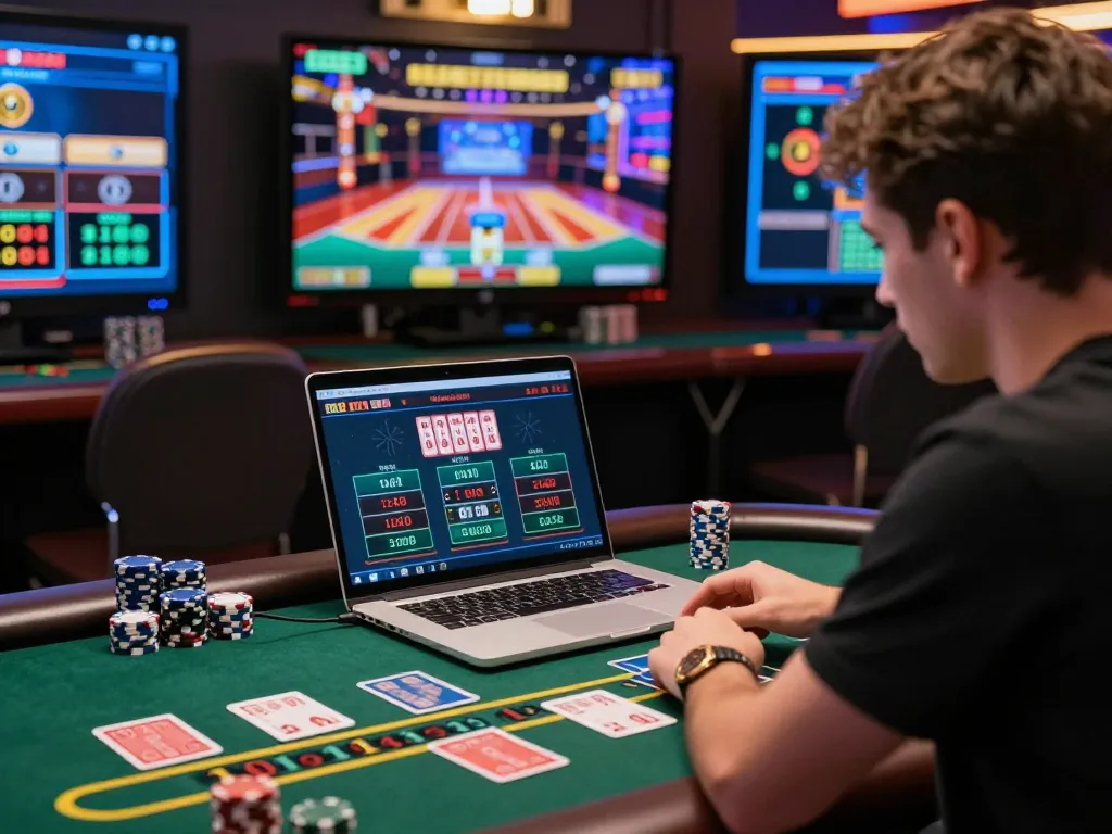 Engaged player enjoying 바카라사이트 experience with live dealer on laptop, showcasing gaming ambiance and accessories.