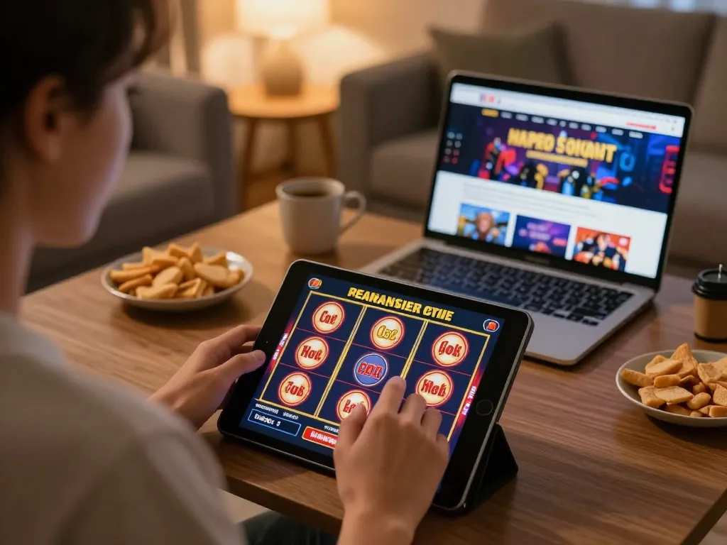 Engaging in online gaming on a tablet featuring okwin in a cozy living room atmosphere.