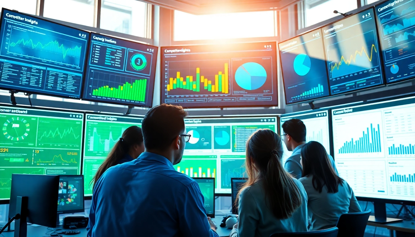 Engaging workplace for AI for competitive intelligence with diverse team analyzing data.