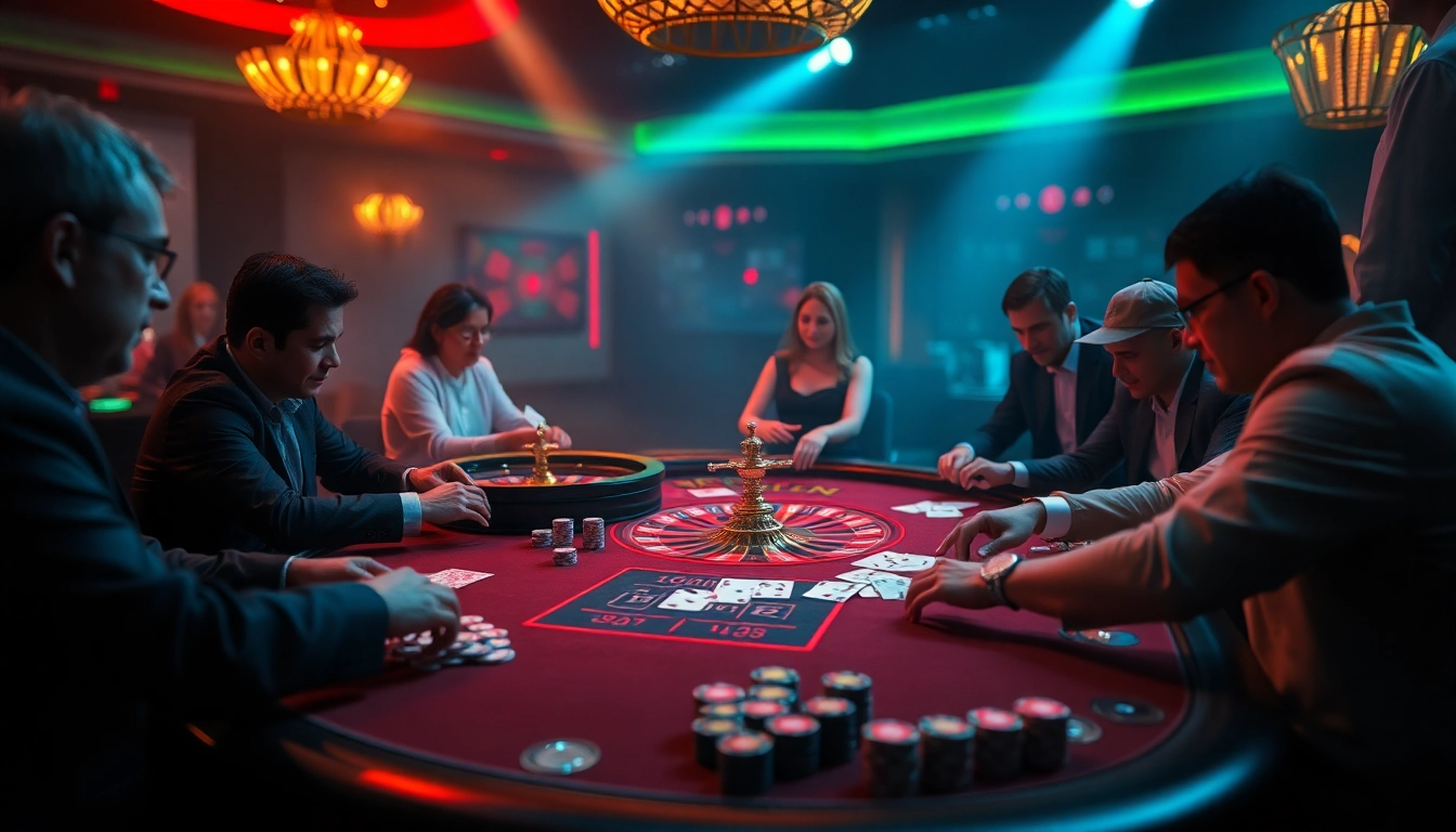 KPI4D players engaging in a thrilling casino game at a luxurious table with vibrant colors.