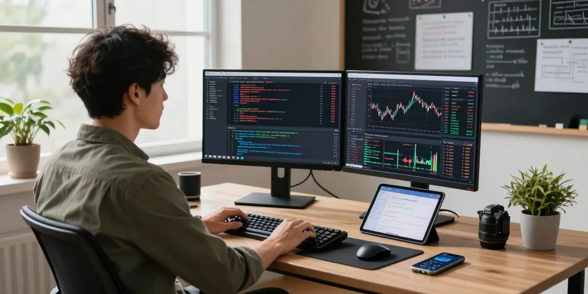Real-time TWSE stock data showcased on dual monitors in a modern development workspace.