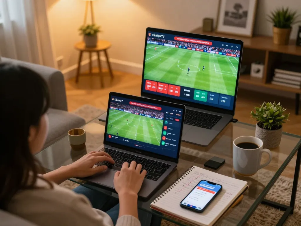 Cà khịa TV live sports streaming displayed on a laptop in cozy home gaming setup.