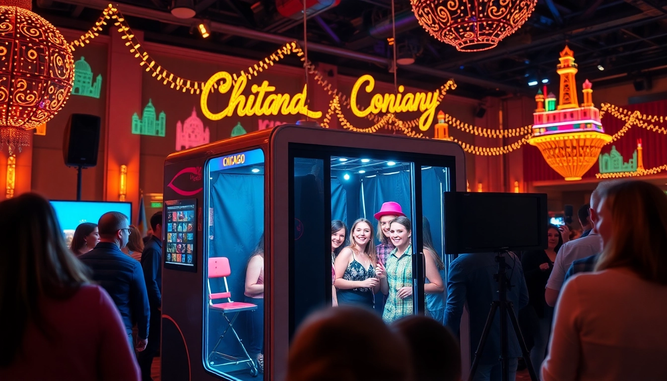 Engage with a stylish photo booth chicago at an event, filled with colorful props and festive decor.