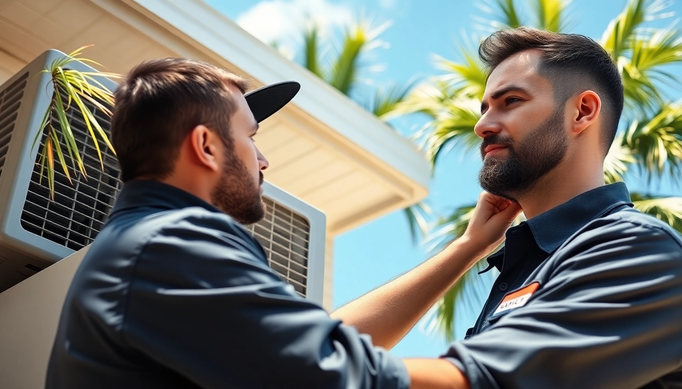 HVAC Repair Tampa showcasing a technician repairing an air conditioning unit under a bright Florida sky.