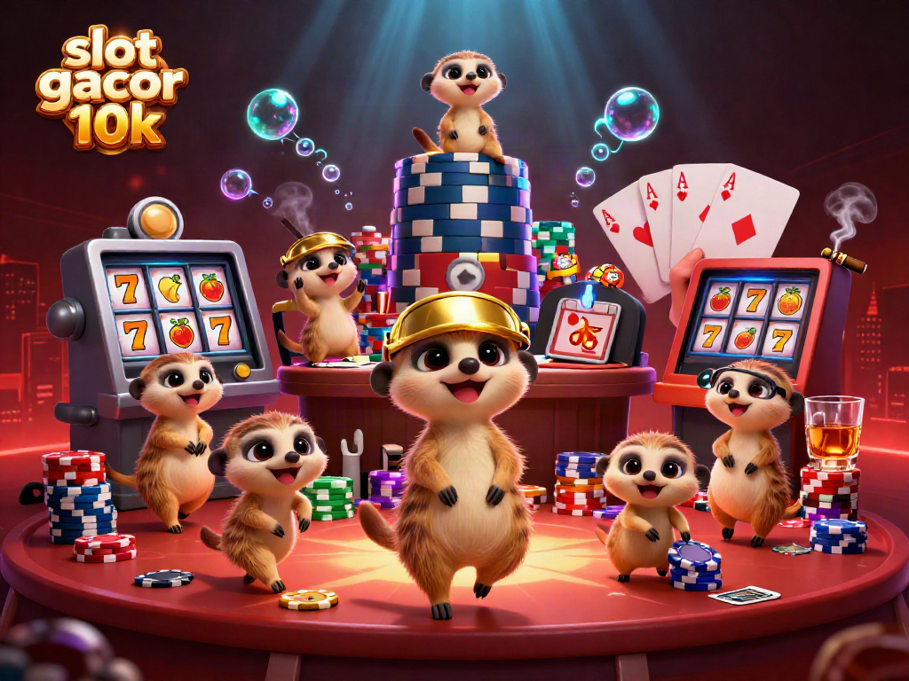 Experience the excitement of slot gacor 10k in a lively meerkat casino scene filled with card games and colorful slot reels.