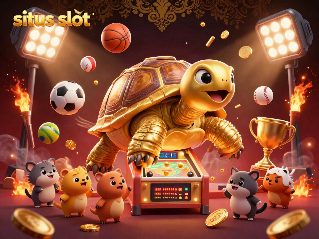 Experience the excitement of situs slot with a dynamic 3D cartoon scene featuring golden tortoise and sports elements.