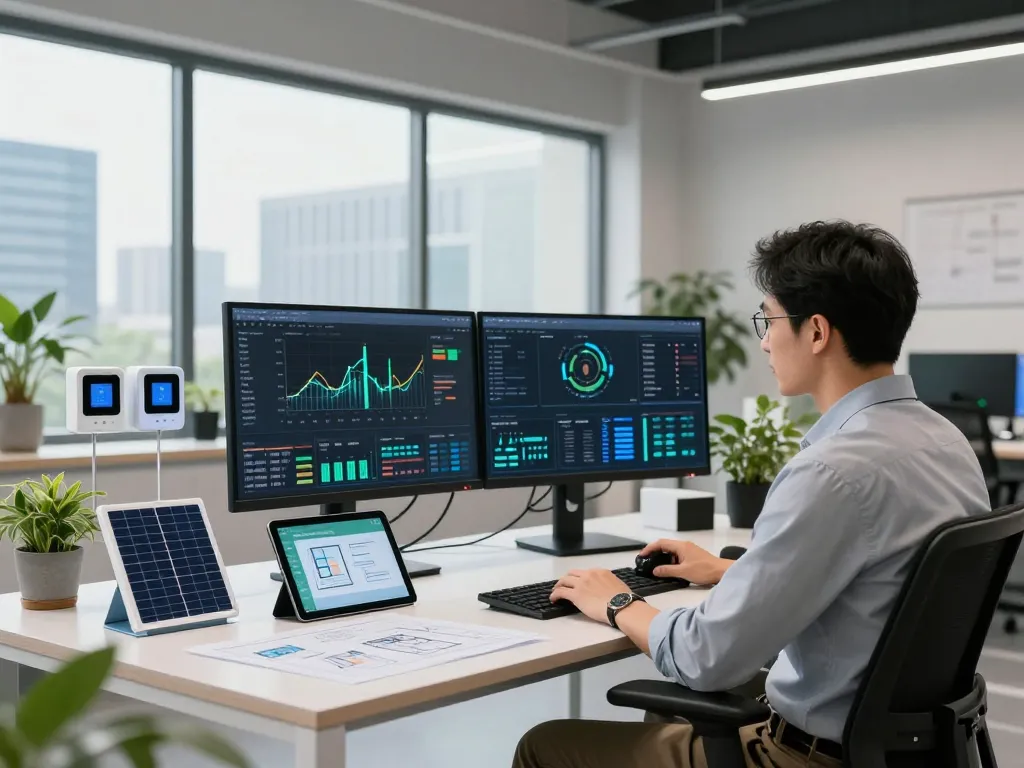 Engineer analyzing Schneider Electric energy solutions in a modern workspace.