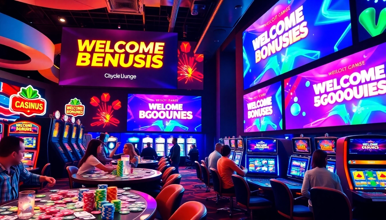 Discover enticing welcome bonuses in a lively casino gaming environment with excited players.