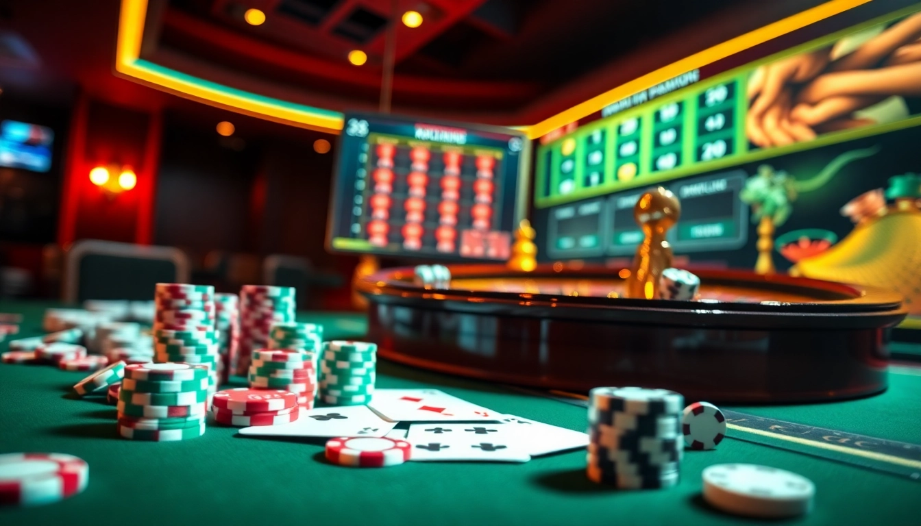 Engage with đăng ký qq88 at a vibrant casino scene featuring poker chips and a roulette wheel.